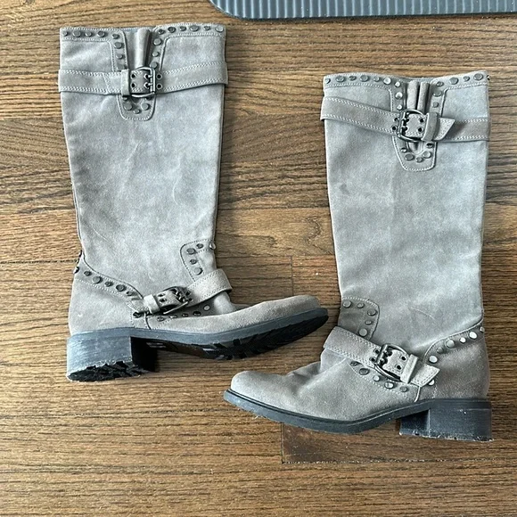 Sam Edelman Deryn Extra Rugged Distressed Discolored Studded Moto Suede Boots - Picture 4 of 17